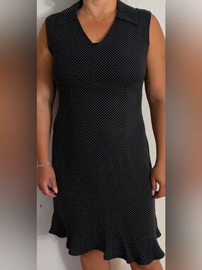 Burns 100% silk Polka Dot Sleeveless V-Neck Midi Dress -navy blueWhite. Size-14.